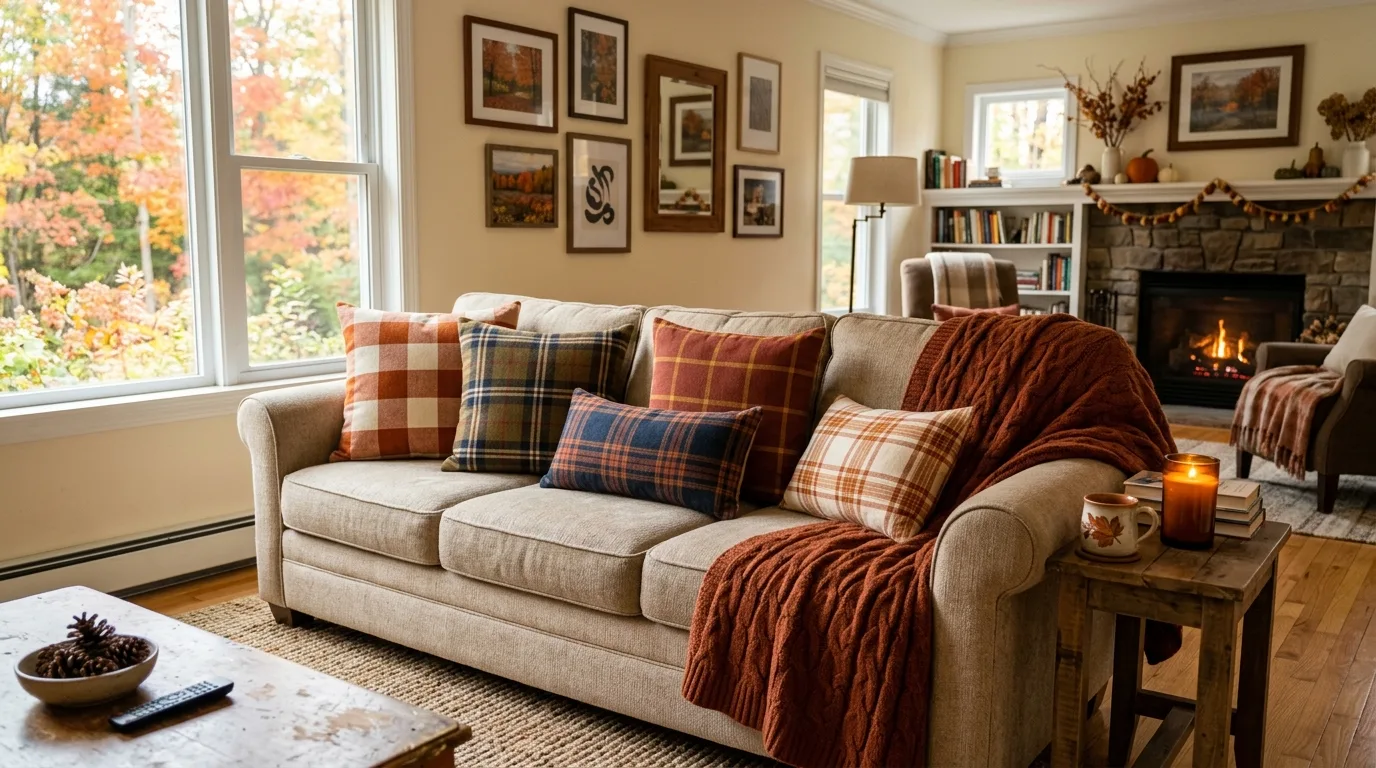 Plaid fall pillow covers on a couch